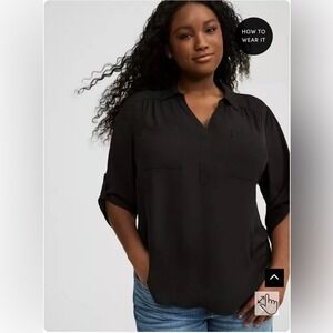 Torrid Women's Plus 2 Blouse with Black Roll Tab Sleeve Shirt Top